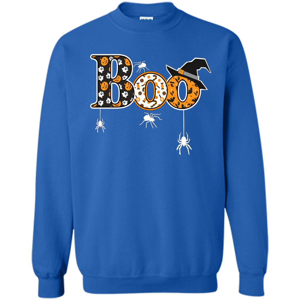 Boo Halloween T-Shirt With Spiders And Witch Hat Royal