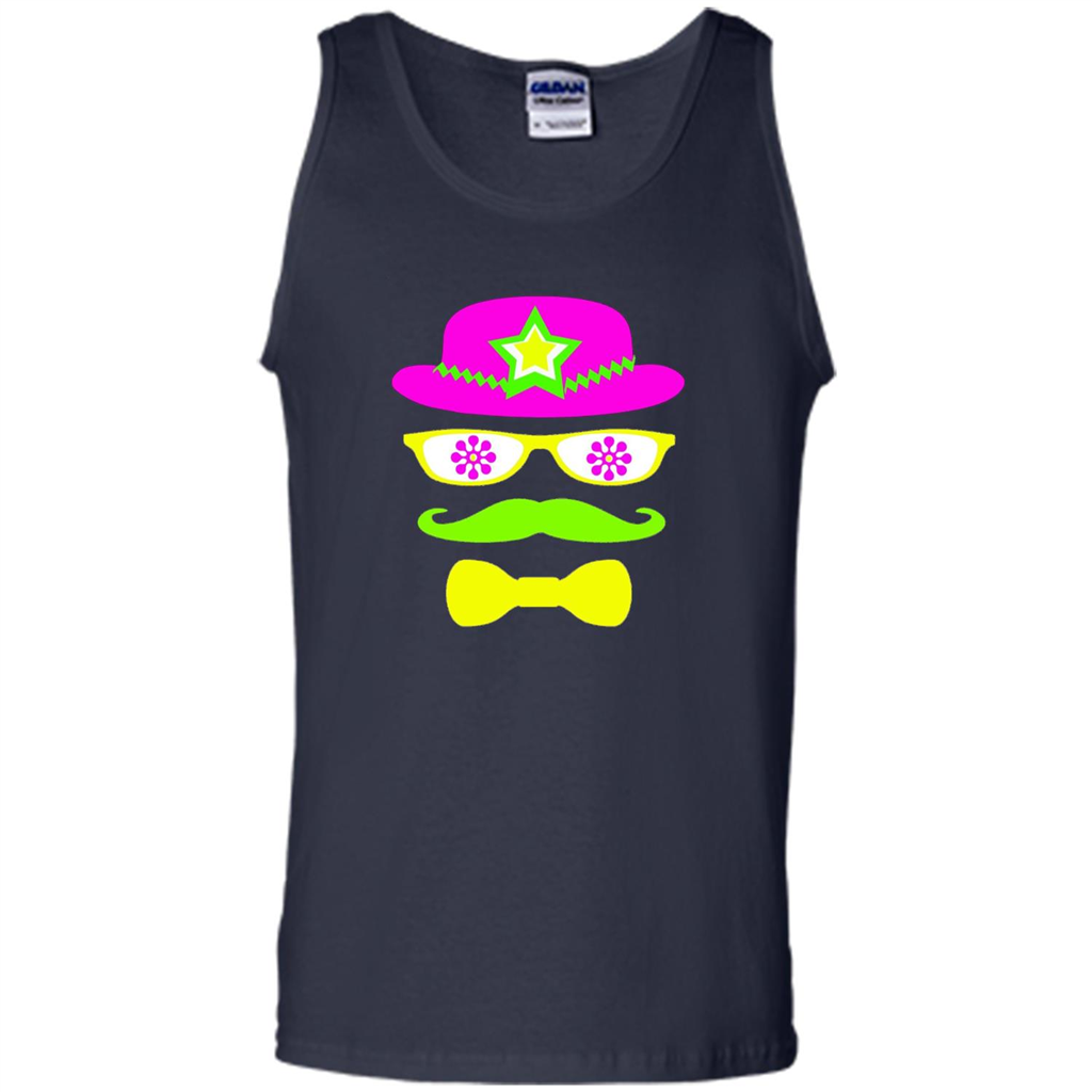 Neon Party Hat, Glasses, Mustache, Tie Theme Party T-shirt Navy