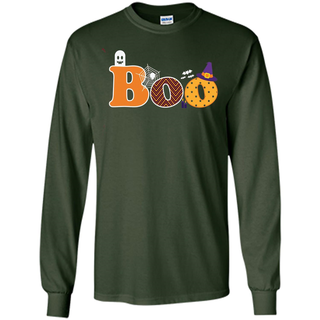 Boo Halloween T-Shirt With Ghost, Spider, Bat and Witch Hat Forest Green