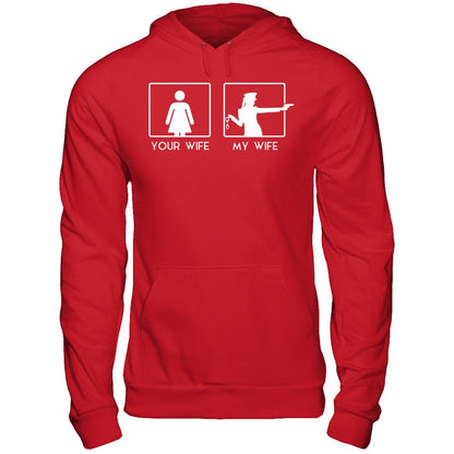 Your Wife - My Wife Loves Shooting Gildan - Pullover Hoodie Red