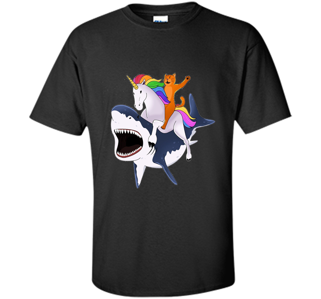 Cat Riding Unicorn Riding Shark T-shirt Black