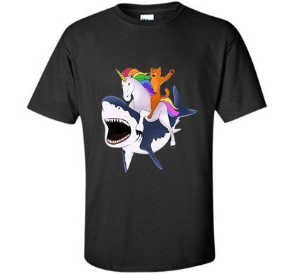 Cat Riding Unicorn Riding Shark T-shirt Black