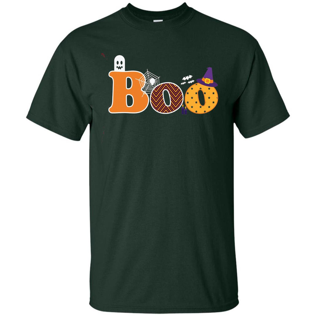 Boo Halloween T-Shirt With Ghost, Spider, Bat and Witch Hat Forest Green