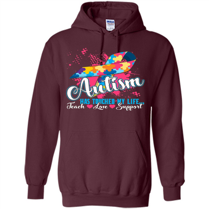Autism Teacher T-shirts Autism Has Touched My Life Teach Love Support Maroon