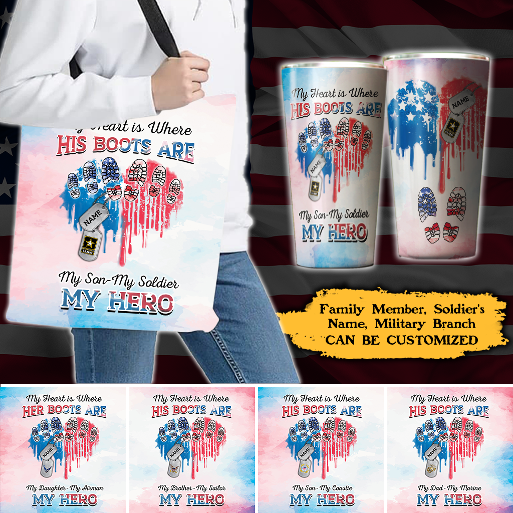 Personalized My Heart Is Where His Boots Are My Son My Soldier My Hero Heart American Flag Family Member Tote Bag 18" x 18"