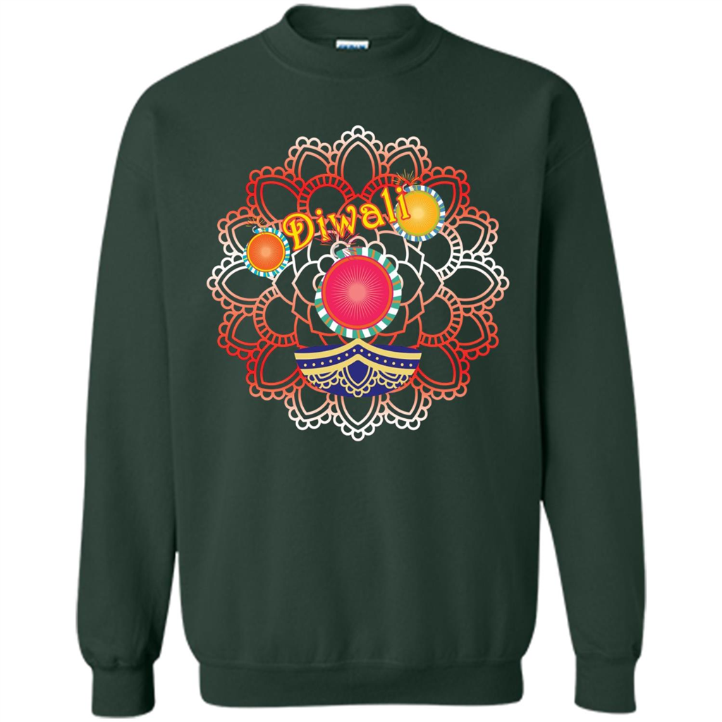 Diwali T-shirt Vibrant Rangoli Lamp And Firecrackers Diwali Tshirt Forest Green