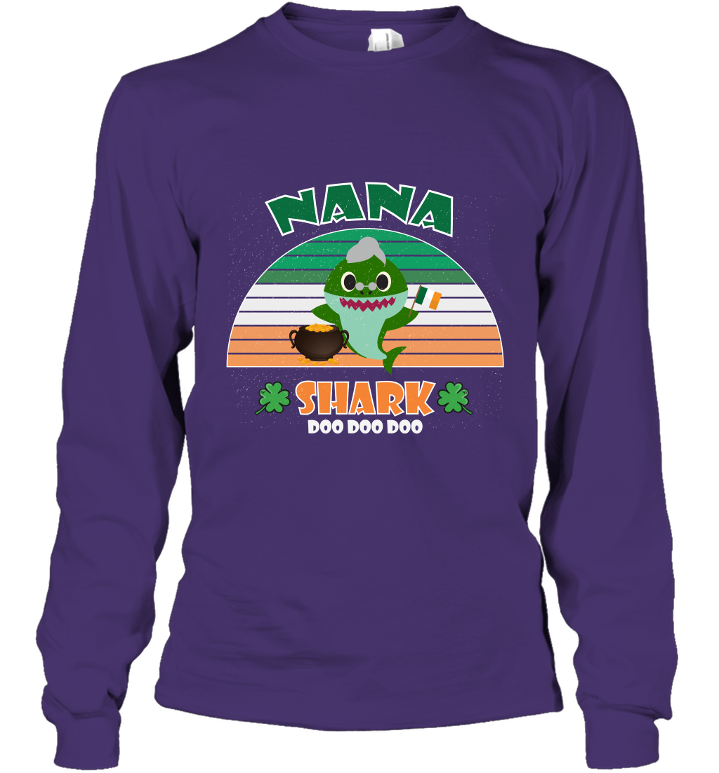 Irish Nana Shark Saint Patricks Day Family Shirt Long Sleeve T-Shirt Purple