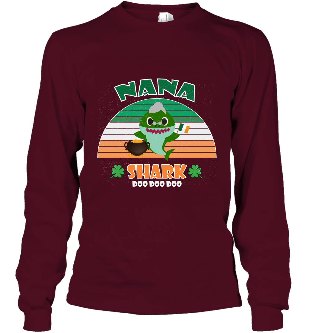 Irish Nana Shark Saint Patricks Day Family Shirt Long Sleeve T-Shirt Maroon
