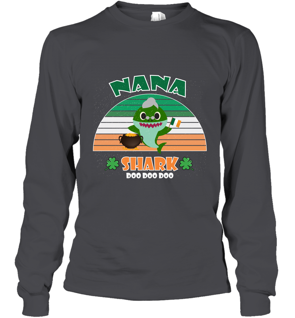 Irish Nana Shark Saint Patricks Day Family Shirt Long Sleeve T-Shirt Dark Heather