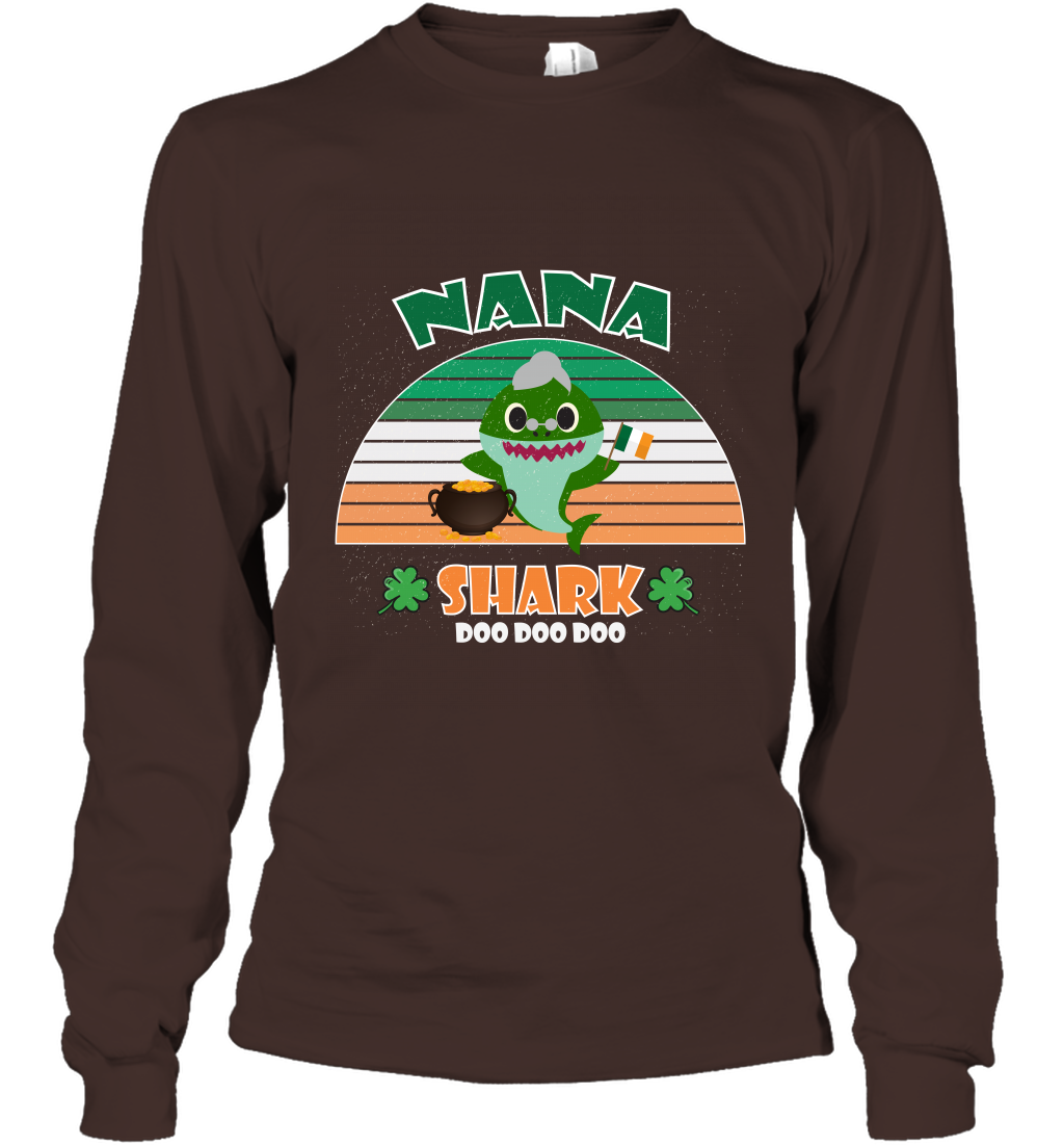 Irish Nana Shark Saint Patricks Day Family Shirt Long Sleeve T-Shirt Dark Chocolate