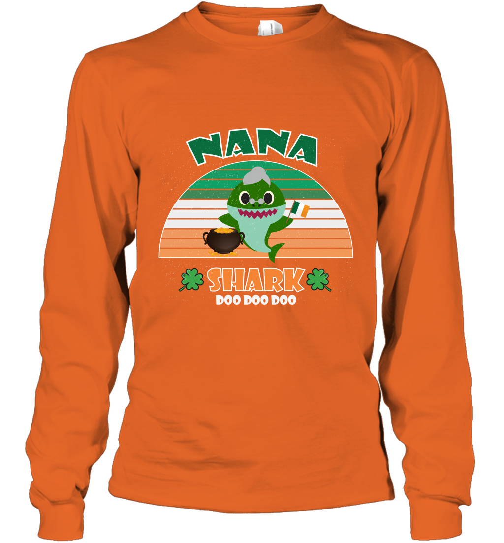 Irish Nana Shark Saint Patricks Day Family Shirt Long Sleeve T-Shirt Orange