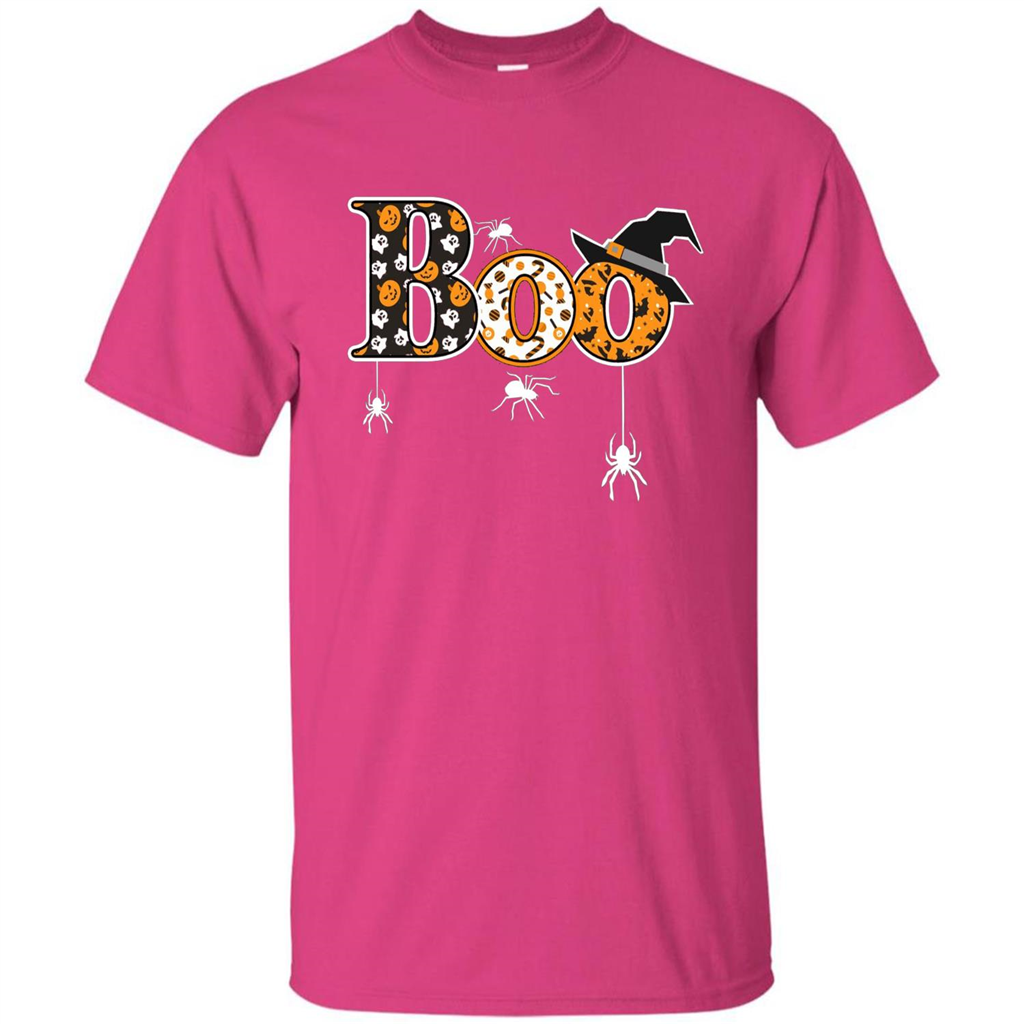 Boo Halloween T-Shirt With Spiders And Witch Hat Heliconia