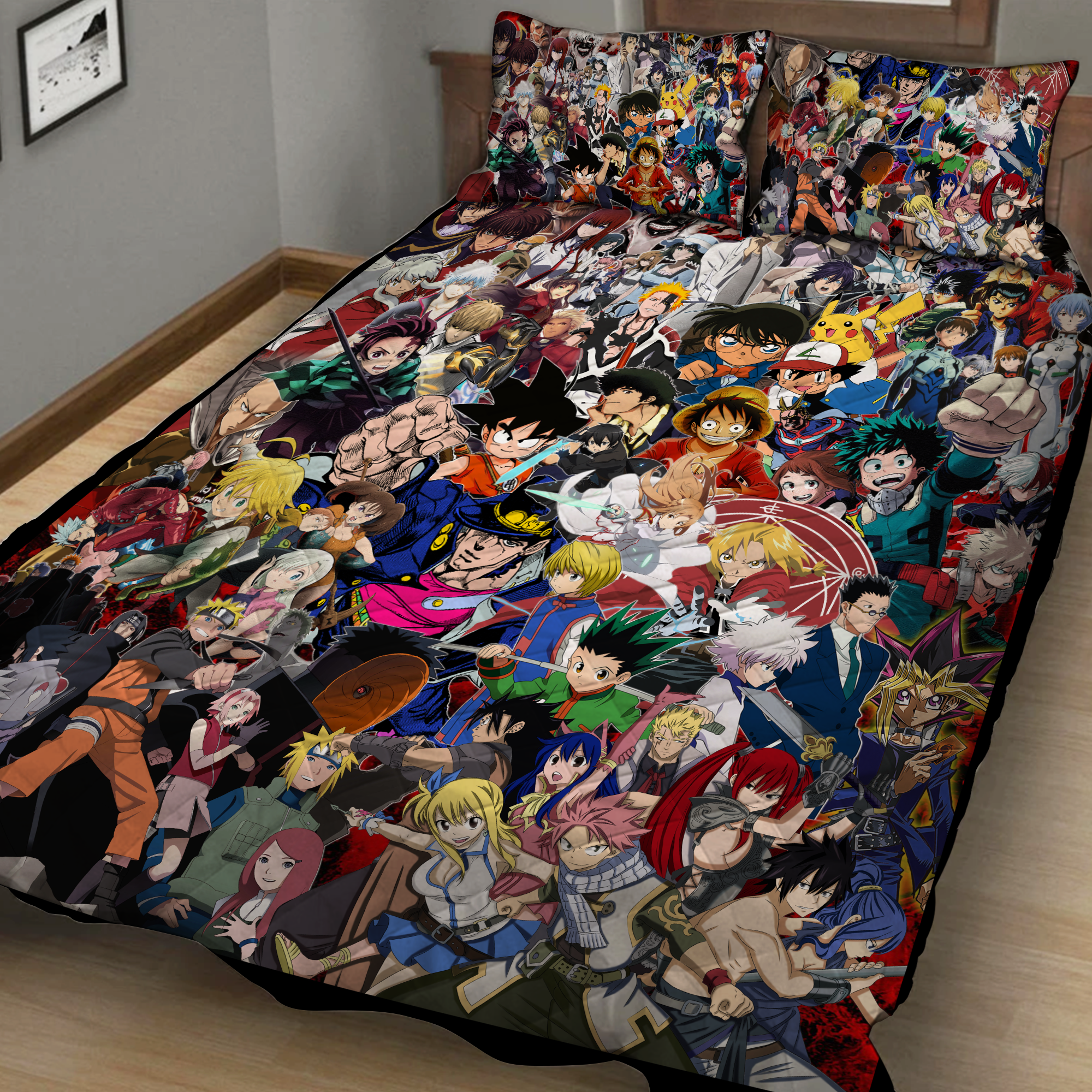 Anime Characters Complication (Dragon Ball, Naruto, One Piece, Bleach, Yu Gi Oh!, My hero academia, Pokemon, The metal Alchemist, ect.) 3D Quilt Bed Set