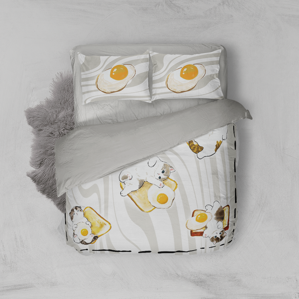 Cute Cat Fried Egg 3D Bed Set