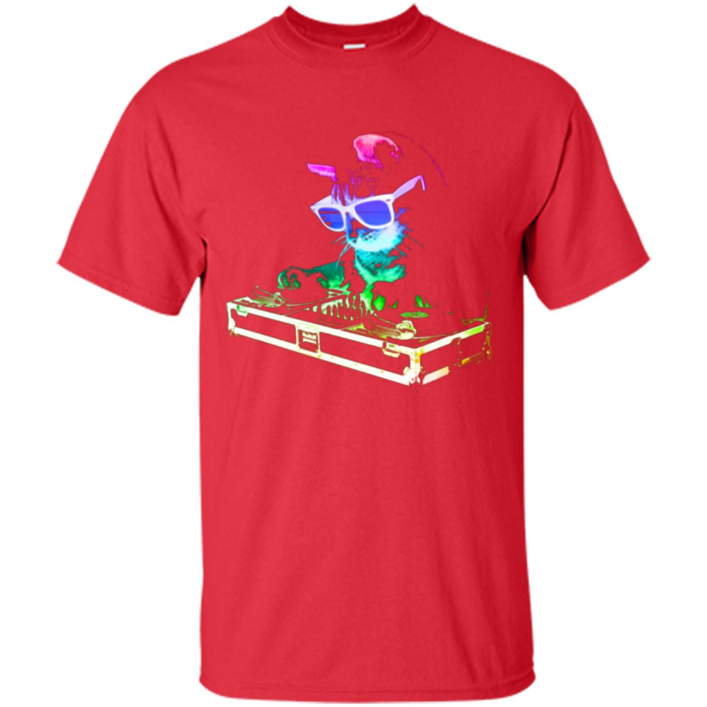 Cat Lover T-shirt House Cat Rainbow DJ Kitty Red