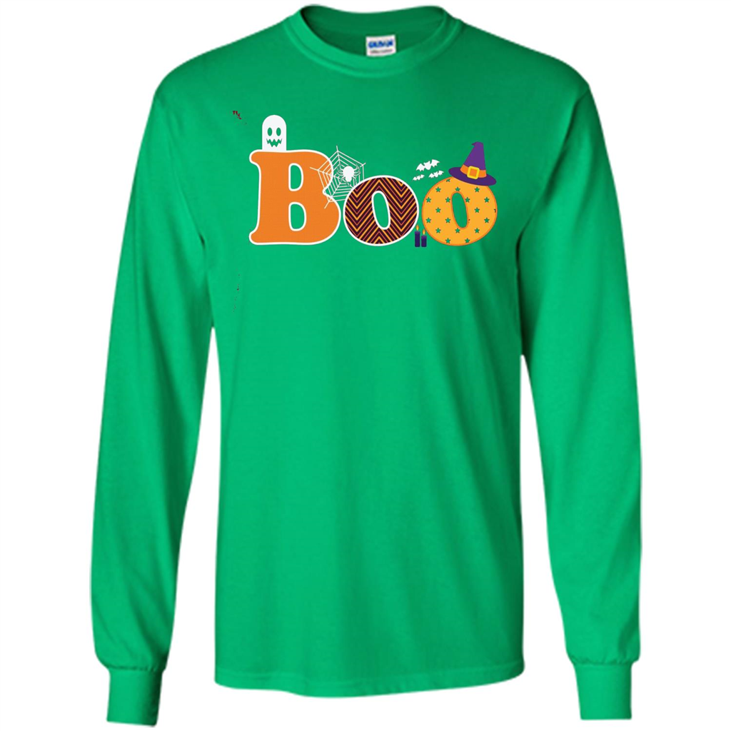 Boo Halloween T-Shirt With Ghost, Spider, Bat and Witch Hat Irish Green