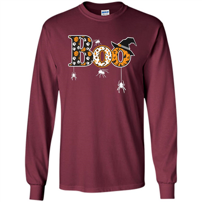 Boo Halloween T-Shirt With Spiders And Witch Hat Maroon
