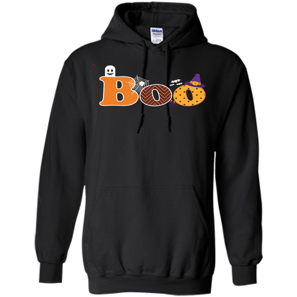 Boo Halloween T-Shirt With Ghost, Spider, Bat and Witch Hat Black