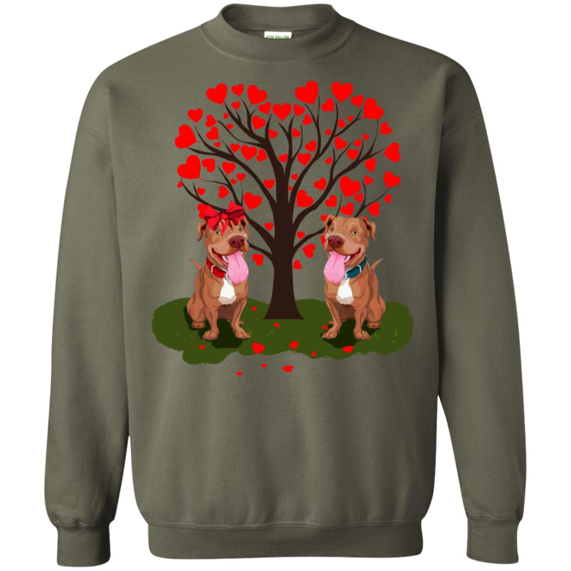 Valentine Pitbull Couple Heart Tree Shirt Military Green