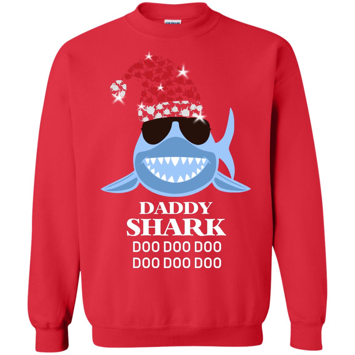 Daddy Shark With Santa Claus Hat Merry X-mas Family Shark Gift Shirt Red