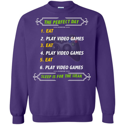 The Perfect Day Eat Play Video Games Sleep For The Weak Gaming Gift Shirt Purple