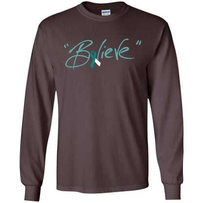 Cervical Cancer Awareness Shirt Teal White Ribbon Believe Dark Chocolate