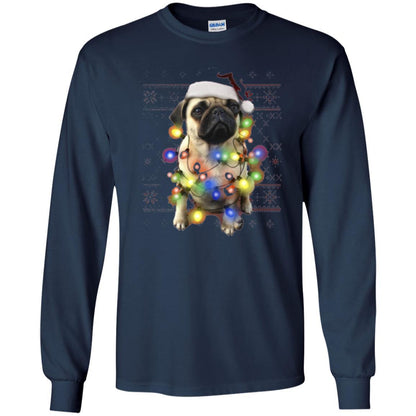 Dog Lover T-shirt Ugly Sweater Photoreal Christmas Lights Pug Graphic Navy