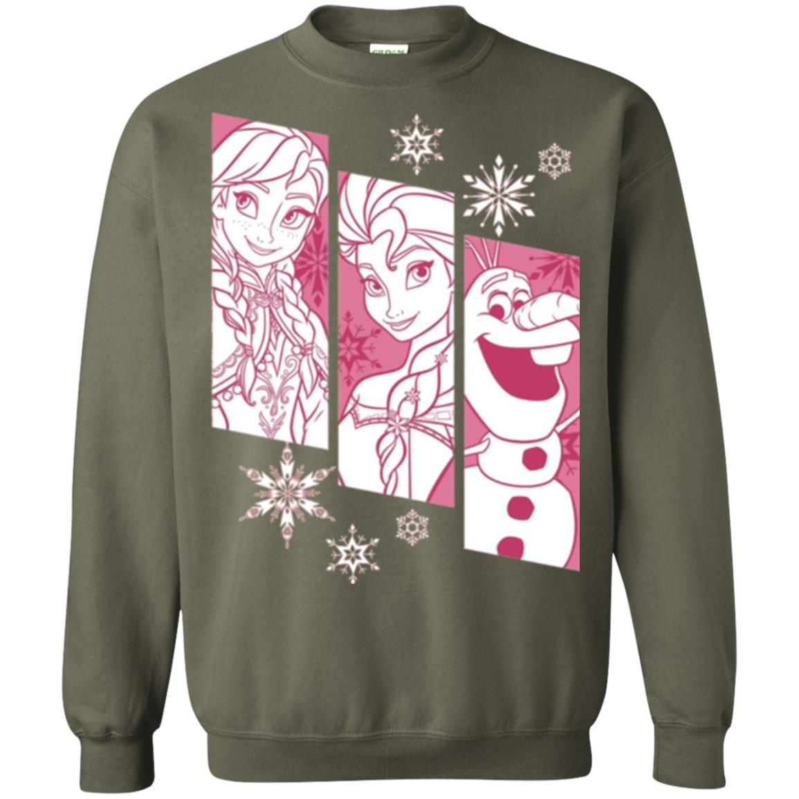 Frozen Anna Elsa Olaf Snowflake Panel Graphic T-shirt Military Green