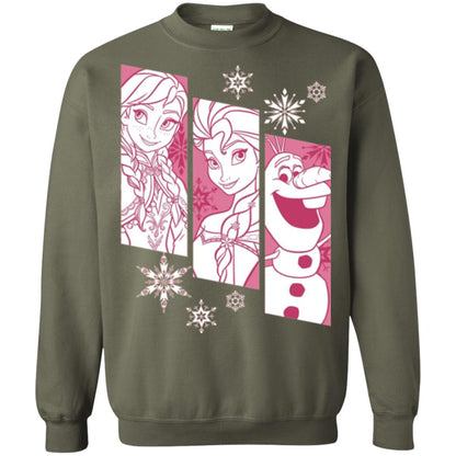 Frozen Anna Elsa Olaf Snowflake Panel Graphic T-shirt Military Green