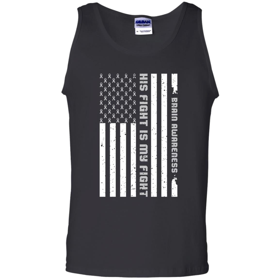 Brain Awareness His Fight Is My Fight Grey Ribbon Stars Flag Of Usa Shirt Black