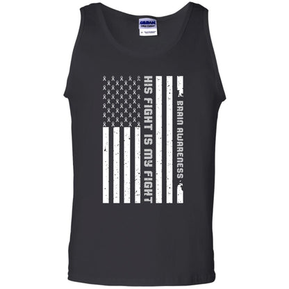 Brain Awareness His Fight Is My Fight Grey Ribbon Stars Flag Of Usa Shirt Black