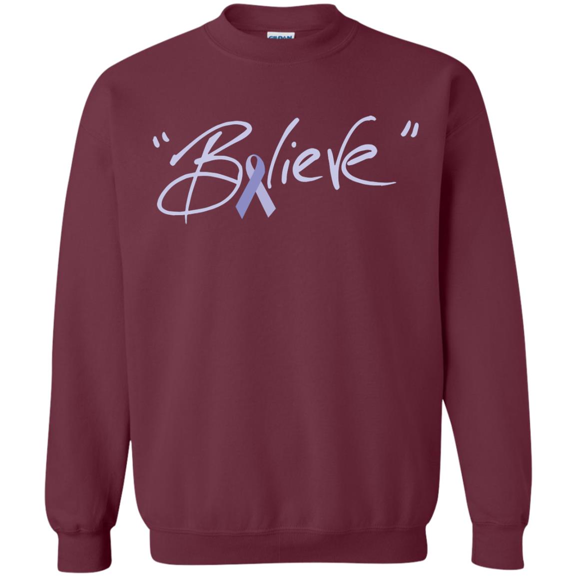 Esophageal And Stomach Cancer Awareness Shirt Periwinkle Blue Ribbon Believe Maroon