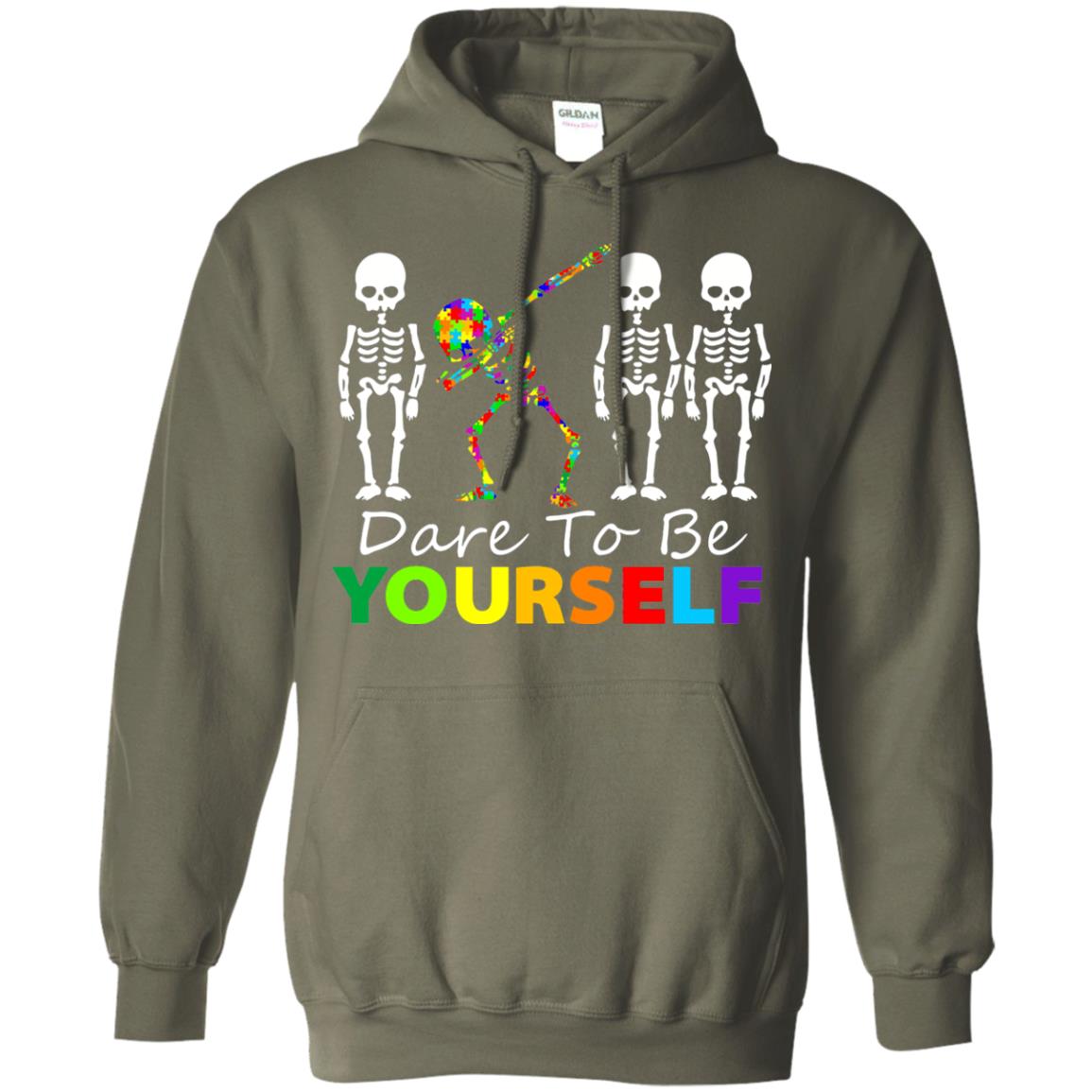 Skeleton Dabbing Dare To Be Yourself Autism Awareness Shirt Military Green
