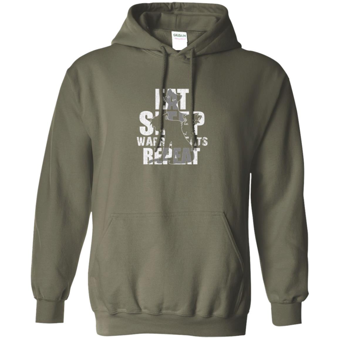 Cat Lover T-shirt Eat Sleep Warrior Cats Repeat Military Green