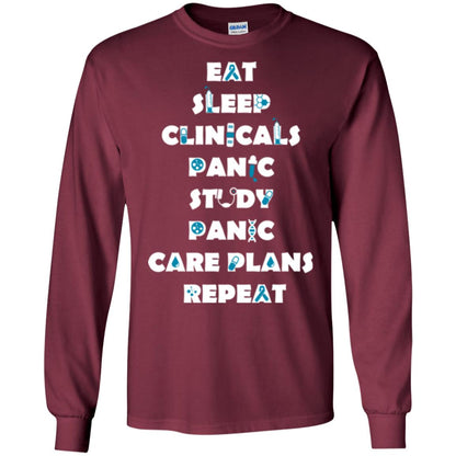 Nurse Student T-shirt Eat Sleep Clinicals Panic Study Panic Care Plans Repeat Maroon