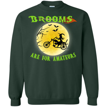 Brooms Are For Amateurs Witches Ride A Motorcycle Funny Halloween Shirt Forest Green