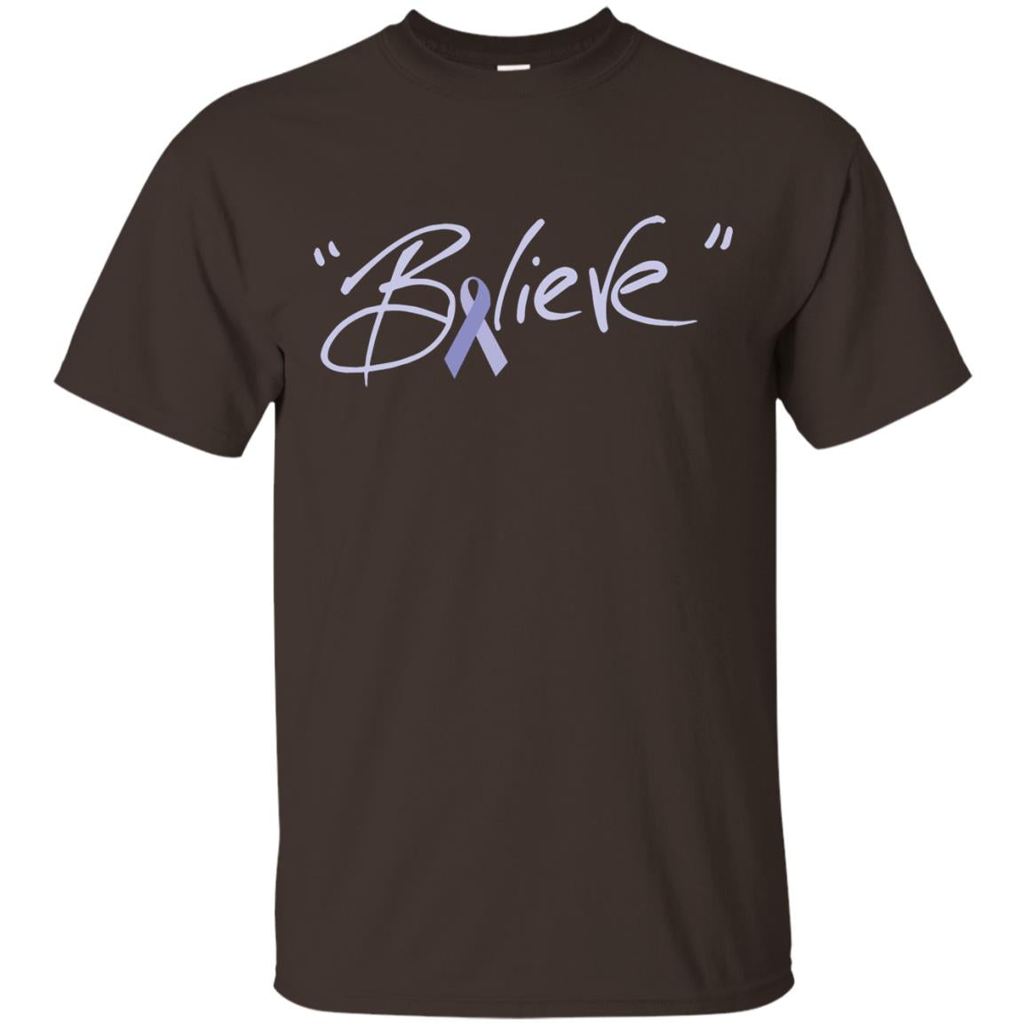 Esophageal And Stomach Cancer Awareness Shirt Periwinkle Blue Ribbon Believe Dark Chocolate