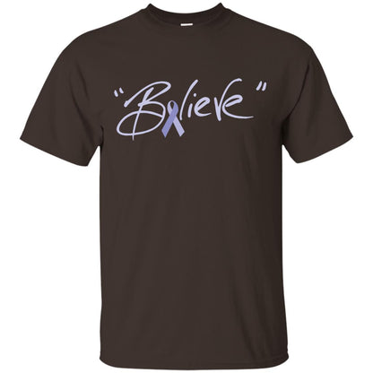 Esophageal And Stomach Cancer Awareness Shirt Periwinkle Blue Ribbon Believe Dark Chocolate