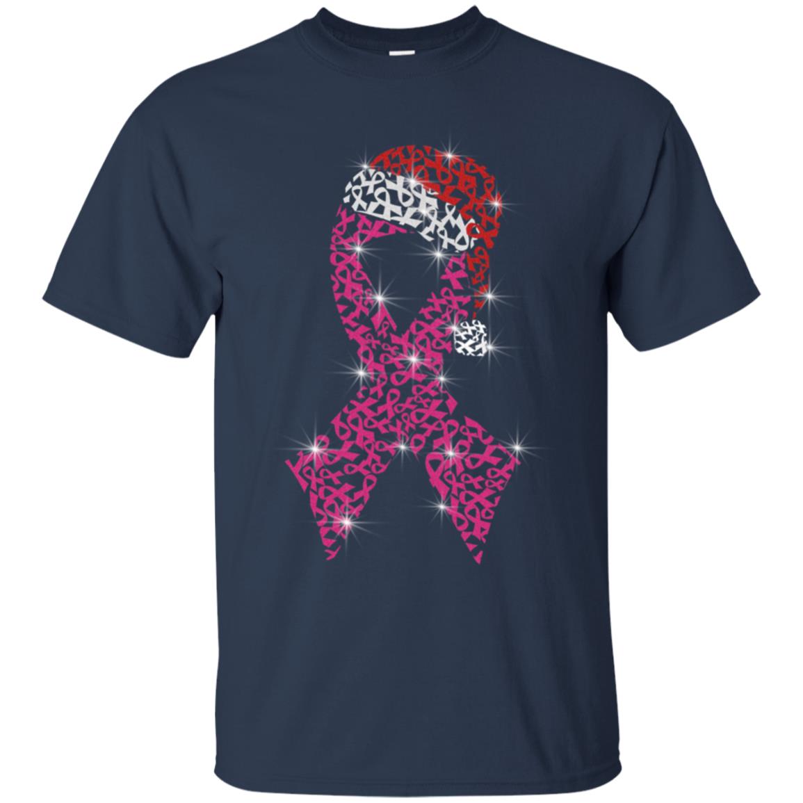 Pink Ribbon With Santa Hat Breast Cancer Awareness X-mas Gift Shirt Navy