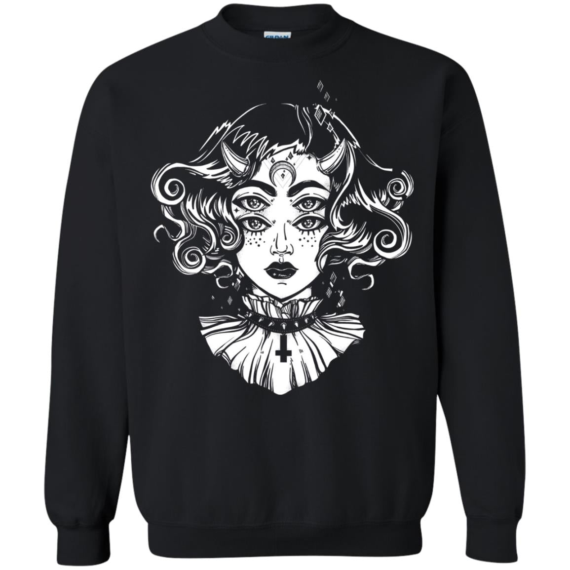 Horned Devil Girl Tshirt Satanic Halloween Glitch Goth Black