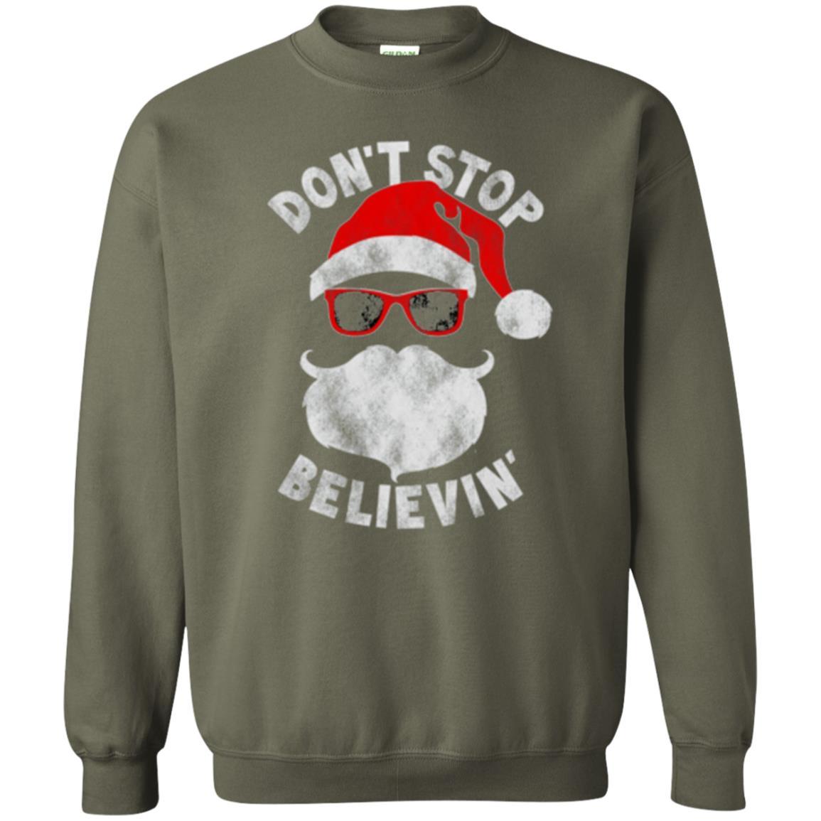 Christmas T-shirt Don't Stop Believing Cool Shades Santa Military Green