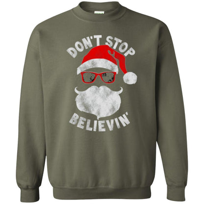 Christmas T-shirt Don't Stop Believing Cool Shades Santa Military Green