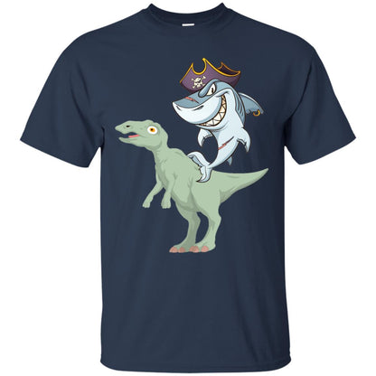 Shark Pirate Riding A T-rex Dinosaur Funny Gift Shirt Navy