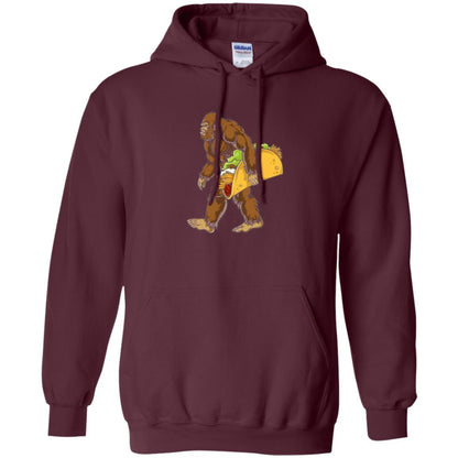 Camping T-shirt Bigfoot Sasquatch Carrying Taco Maroon