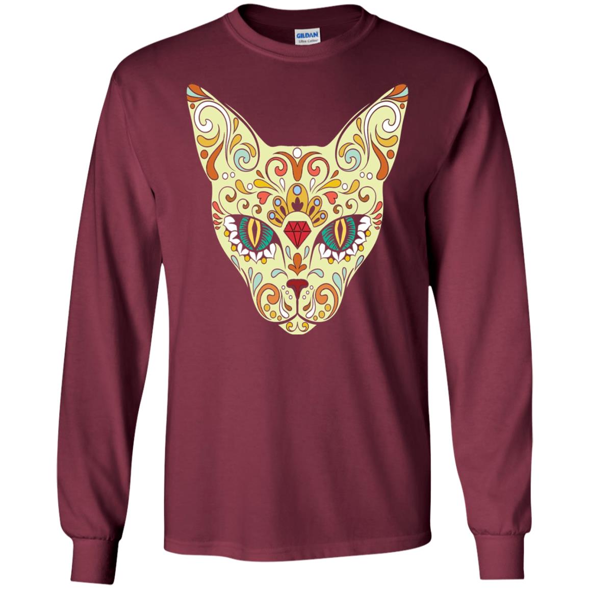 Cat Sugar Skull Design T-shirt Maroon