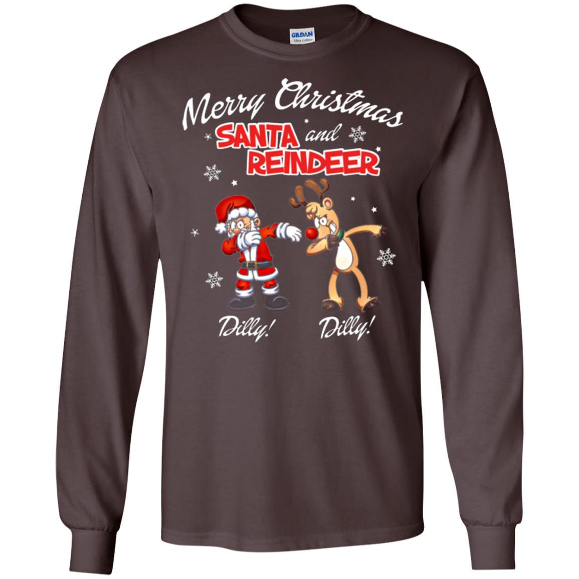 Christmas T-shirt Merry Christmas Santa And Reindeer Dilly Dilly Dark Chocolate