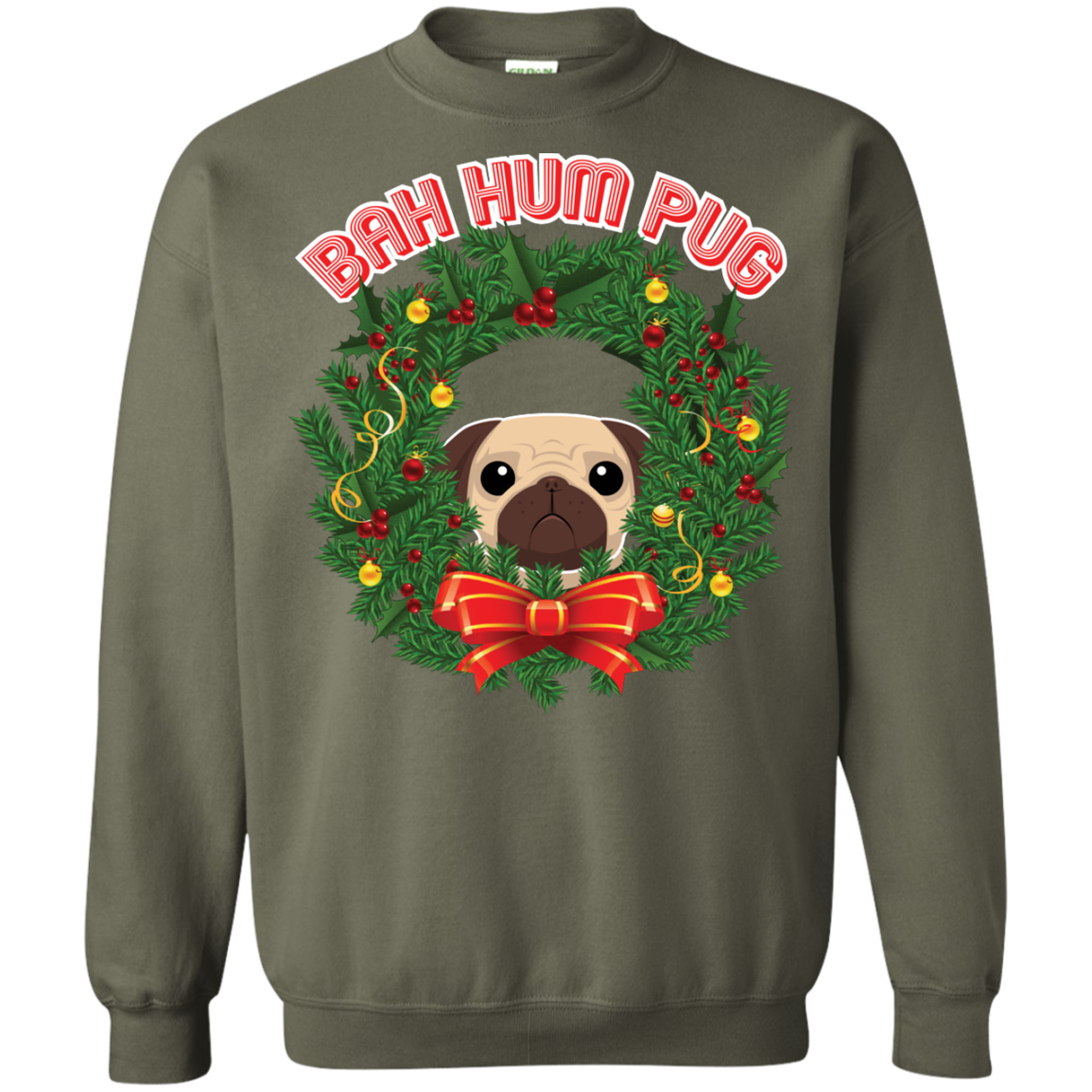 Christmas T-Shirt Bah Hum Pug Military Green