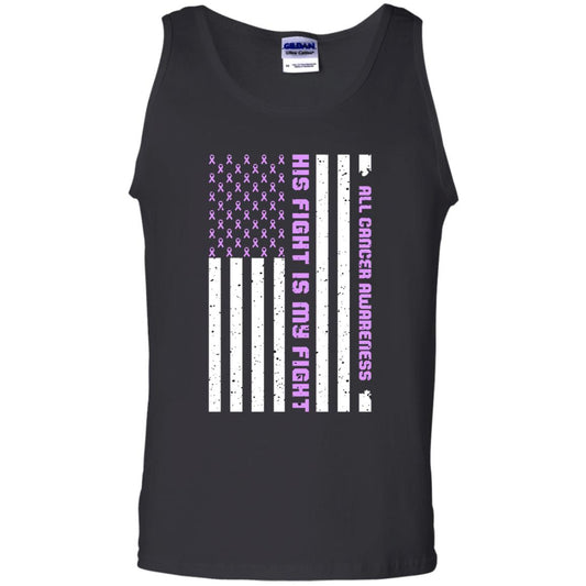 All Cancer Awareness His Fight Is My Fight Lavender Ribbon Stars Flag Of Usa Shirt Black