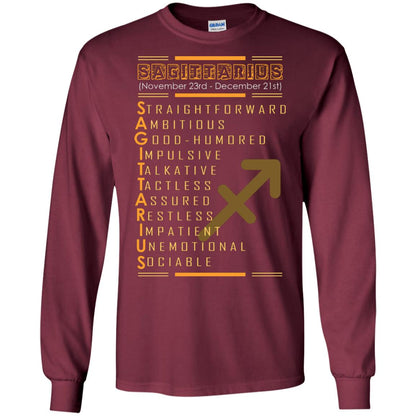 Sagittarius Birthday Shirt Straightforward Ambitious Good Humored Impulsive Talkative Maroon