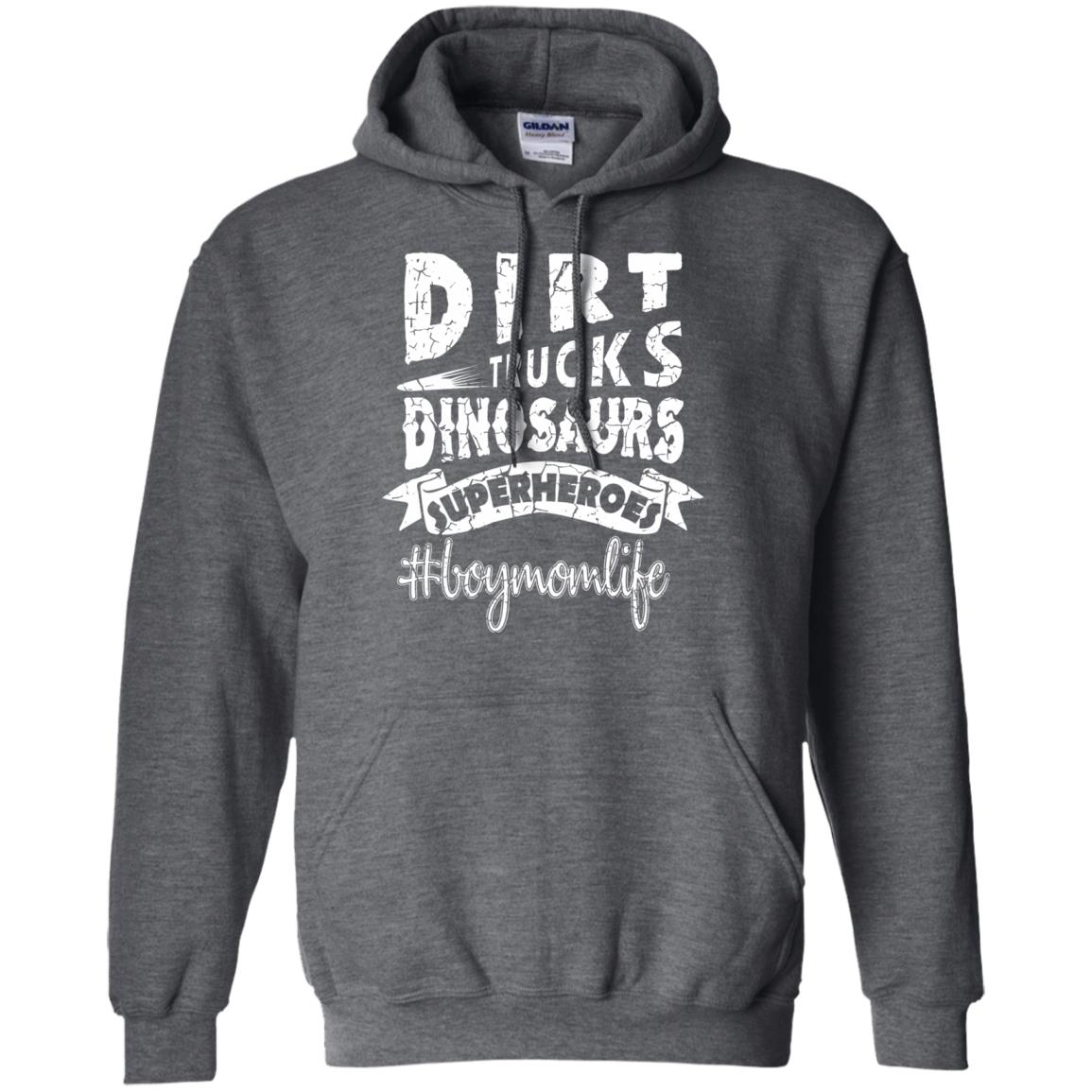 Dirt Trucks Dinosaurs Superheroes #boymomlife Family T-shirt Dark Heather
